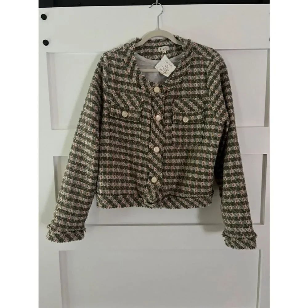 New Pol tweed green and orange plaid button front blazer size large
